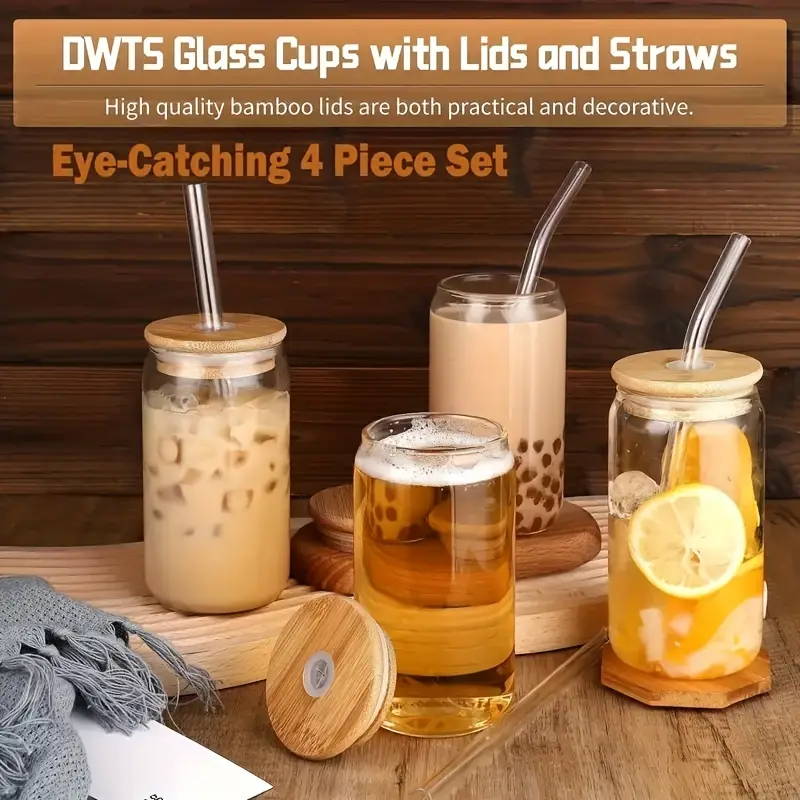 4 Glass Cups with Bamboo Lids and Straws - Drinking Glasses, Glass