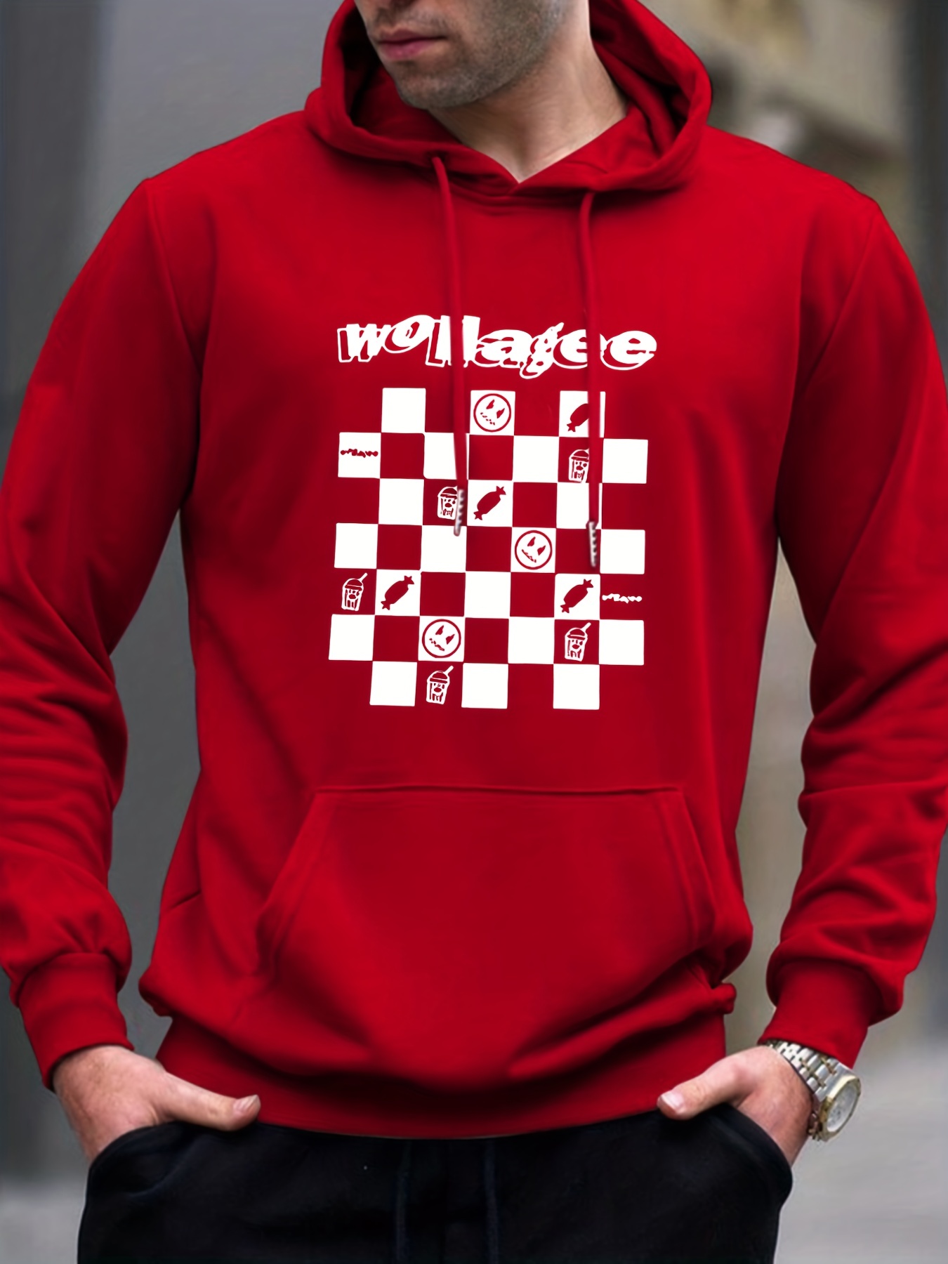 Checkerboard print hooded store sweatshirt