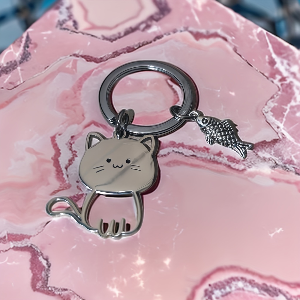 Cat Eating Fish Stainless Steel Key Ring for Men, Cute Cartoon Cat Ornaments Key Chain,Temu