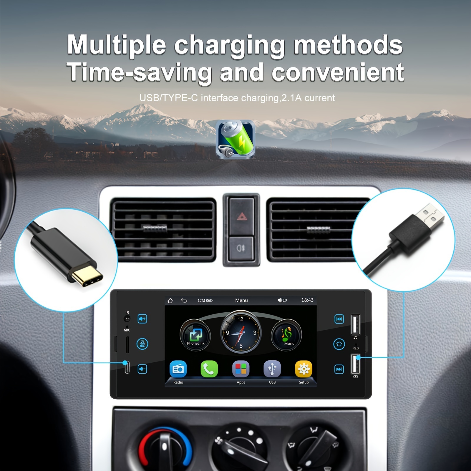 Car Radio Stereo 1 DIN With Apple CarPlay Android Auto USB