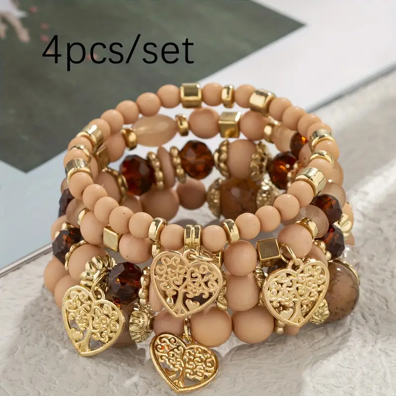4pcs set bohemian multi layer glass bead handmade bracelet hollow heart multi layer tassel bracelet for men women details 4