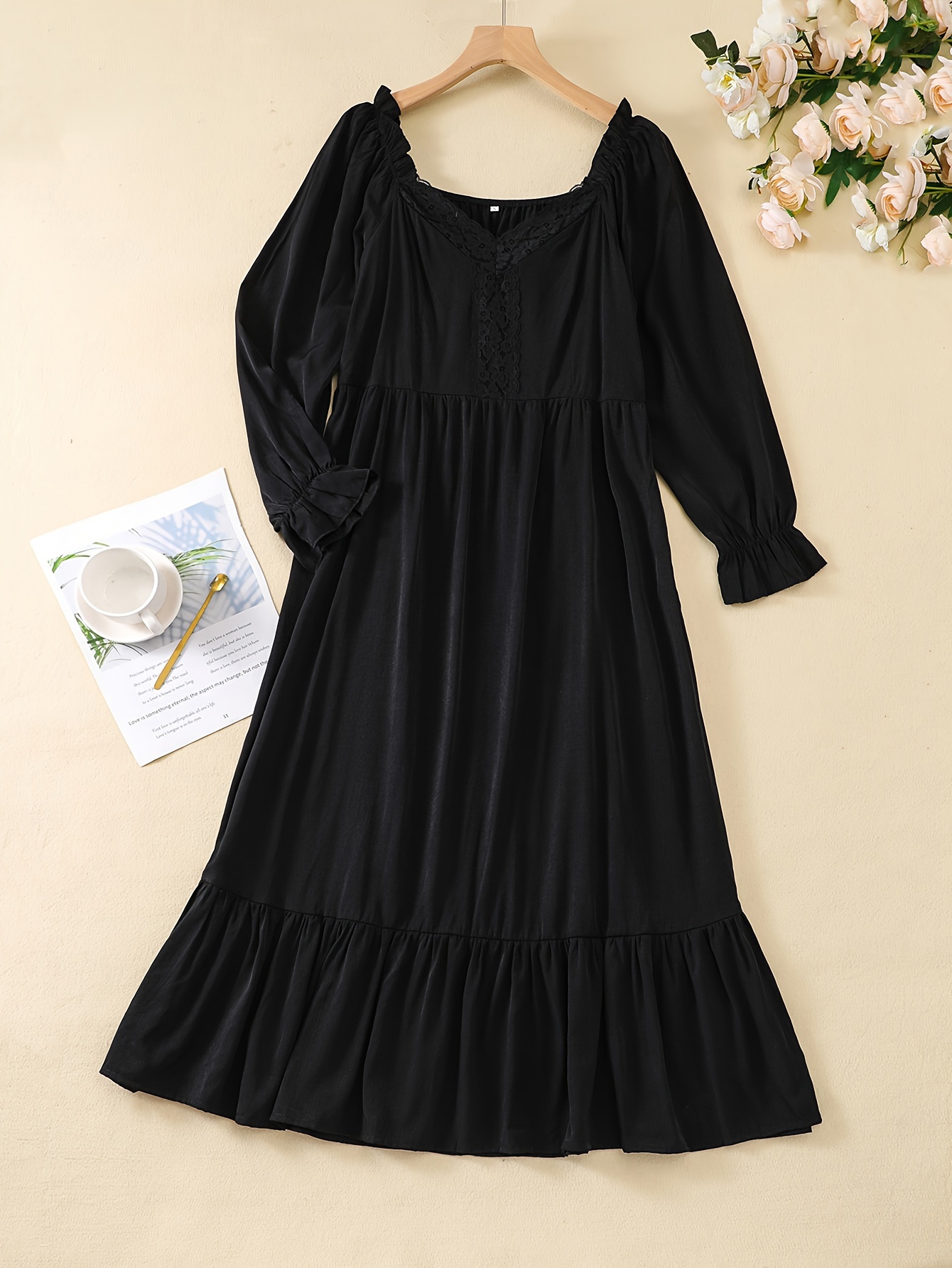 elegant solid contrast guipure lace trim nightdress, long sleeve round neck  maxi sleep dress, women's sleepwear & dresses - women's lingerie & lounge -  Temu