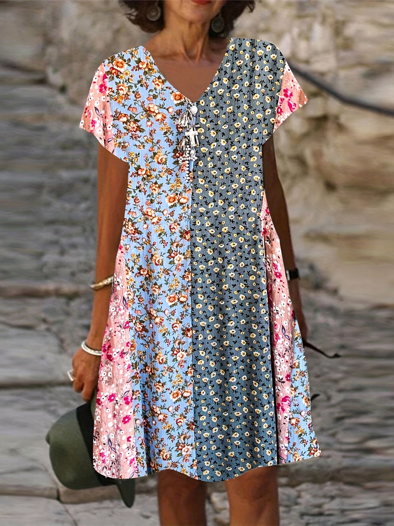 Women's Plus Size Bohemian Floral Printed Dress V Neck Short