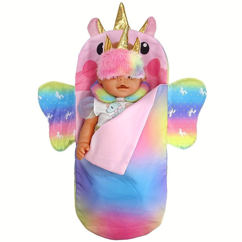 

Cuddle Up & Dream Big: Rainbow-winged Doll Sleeping Bag With Eye Mask For 10-18 Inch Dolls