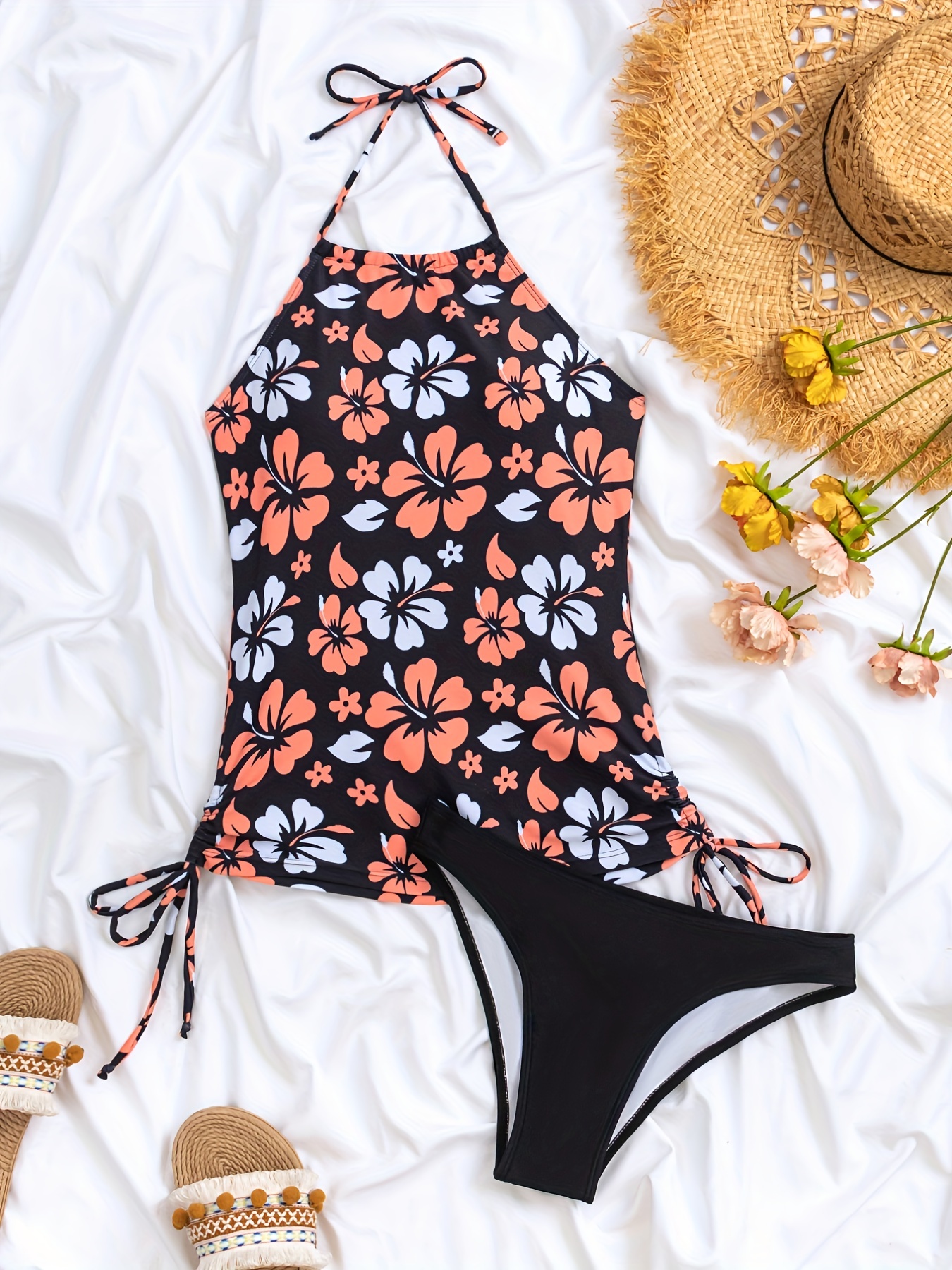 Floral Print Tankini Set Halter Top & Drawstring Side Swim Shorts