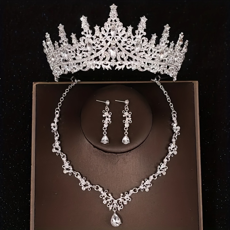 

Wedding Alloy Accessories Set Rhinestone Crown Necklace And Earring Bridal Jewelry Set Birthday Gifts