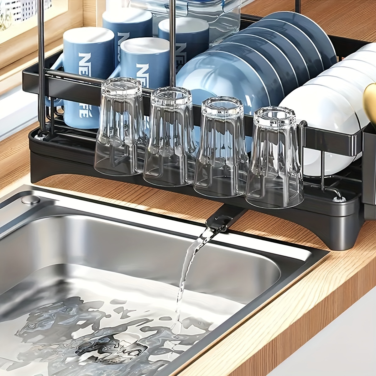 Double Layer Kitchen Draining Rack with Bowl Holder