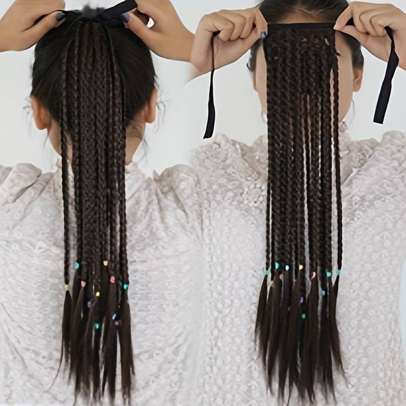 Braids Ponytail With Ribbon Tie Wrapped Around Long Ponytail Extensions