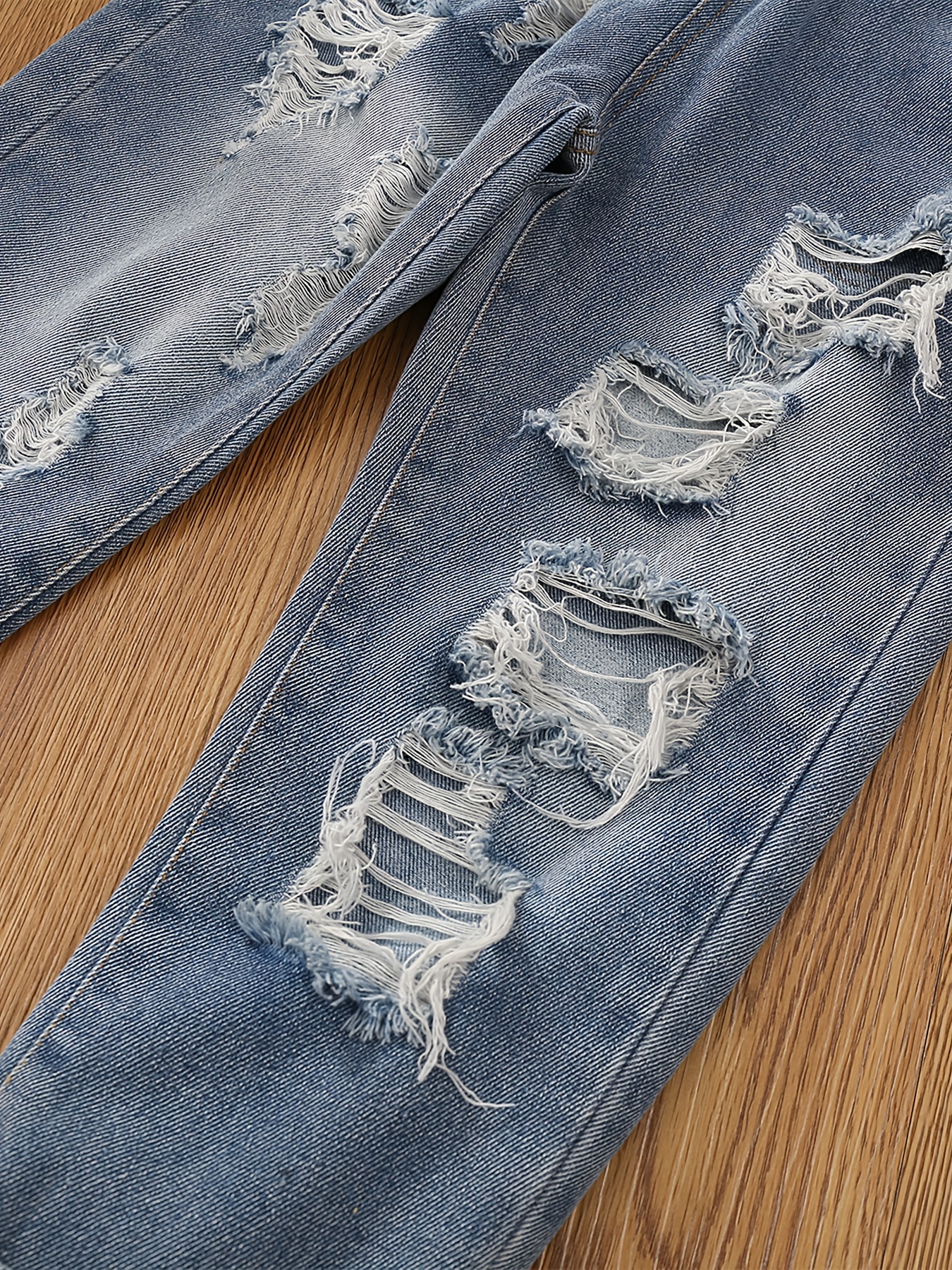Kid Girls' Ripped Jeans Elastic Waist Regular Fit Casual Tapered Denim Pants