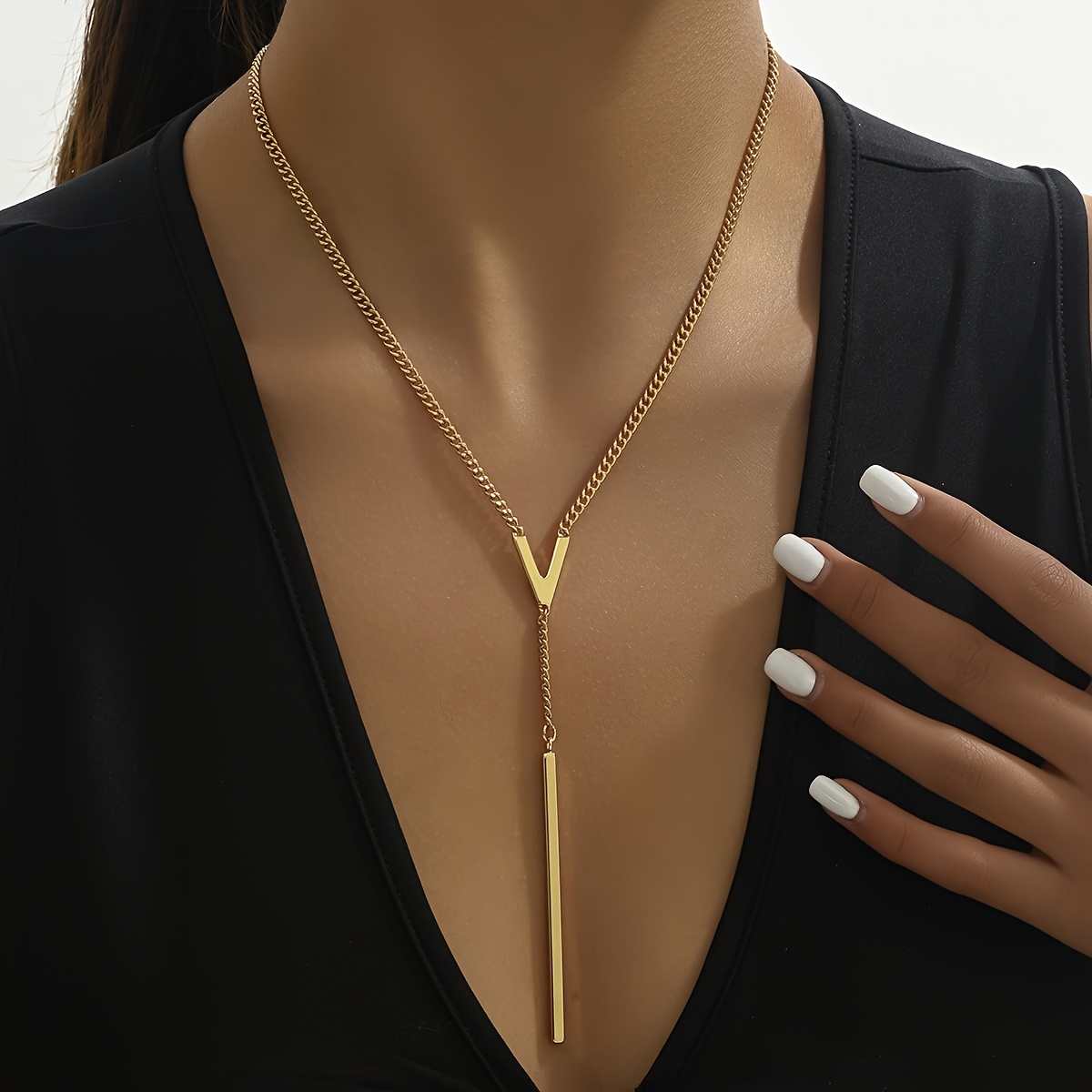 

Elegant Minimalist Long Tassel Necklace, Theme, Iron Chain With Alloy V-shaped Pendant, No , Fashionable And Sexy Jewelry