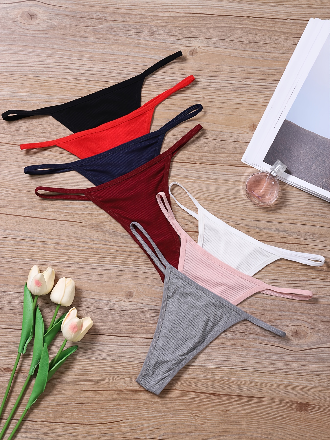 7 Pcs Women's Mixed Color String Bikini Panties, Low Waist Ribbed Thong,  Women's Underwear & Lingerie