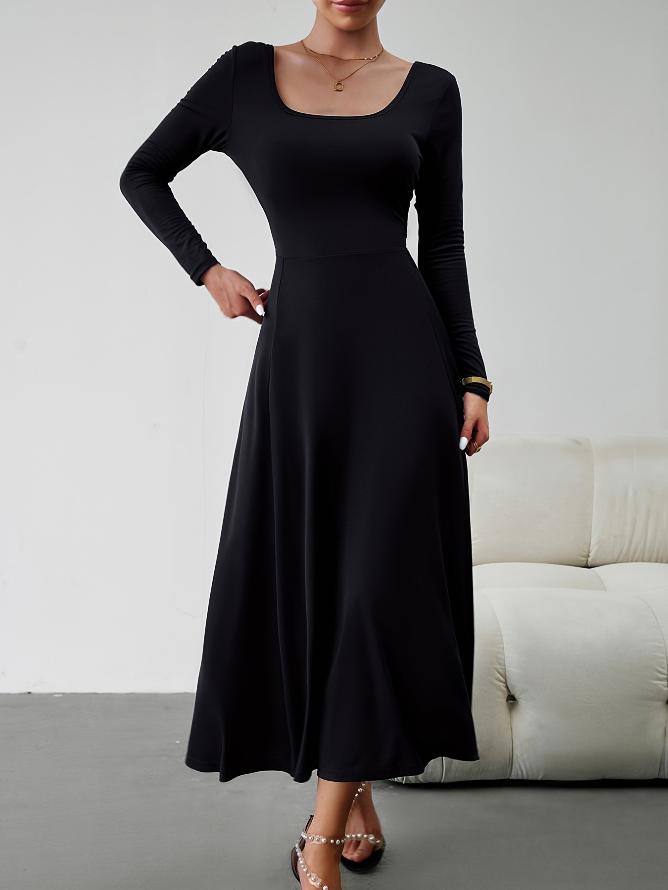 Solid Simple Dress, Elegant Squared Neck Long Sleeve Maxi Dress, Women ...