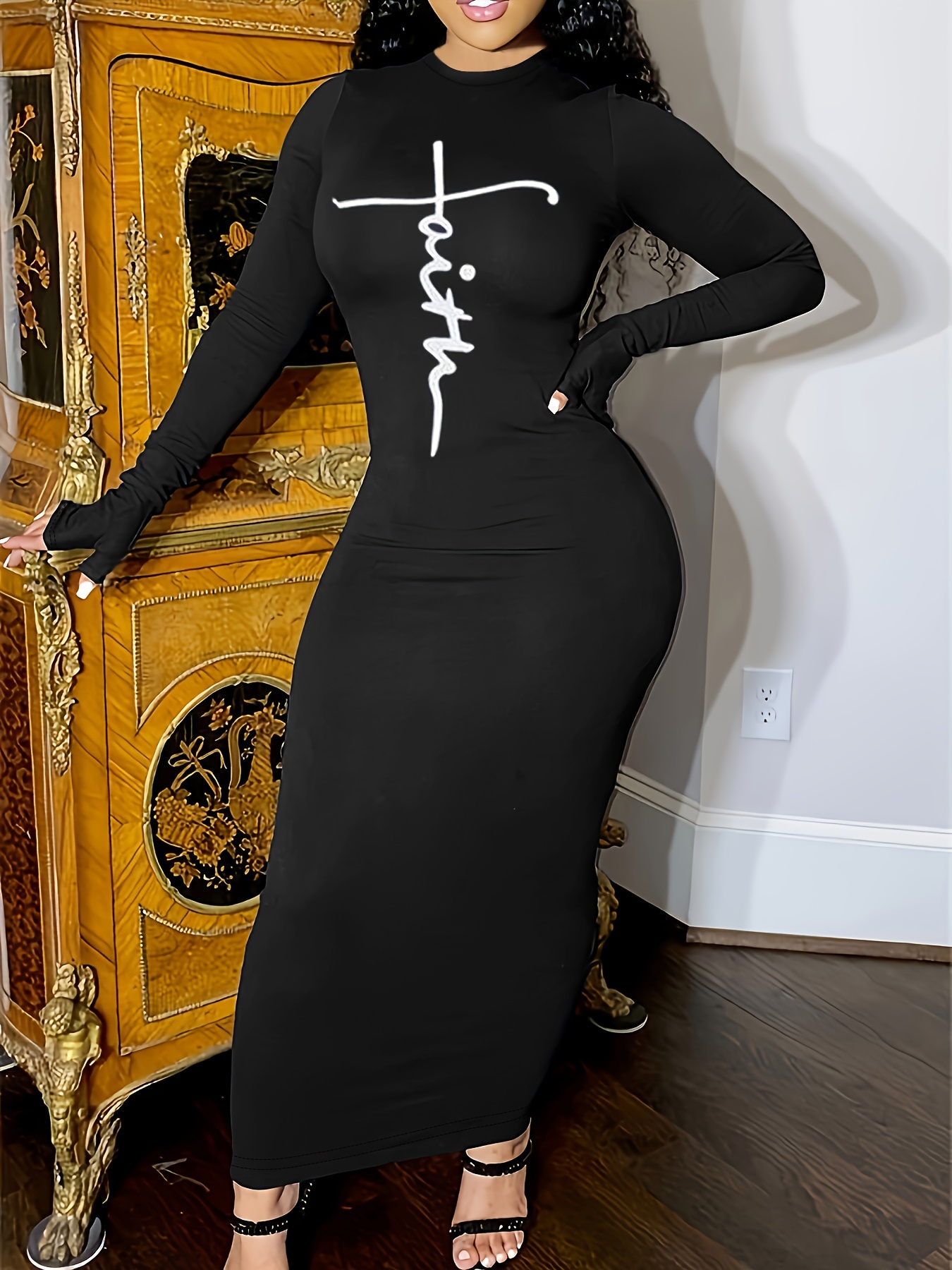 Leopard Print Bishop Sleeve Dress, Elegant Plunge Neck Slim Dress For  Spring & Fall, Women's Clothing