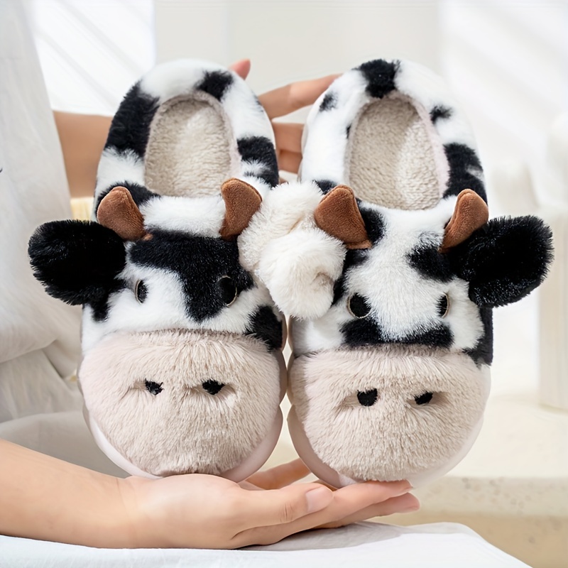 Cute Cartoon Cow Plush Slippers Closed Toe Soft Sole Slip - Temu