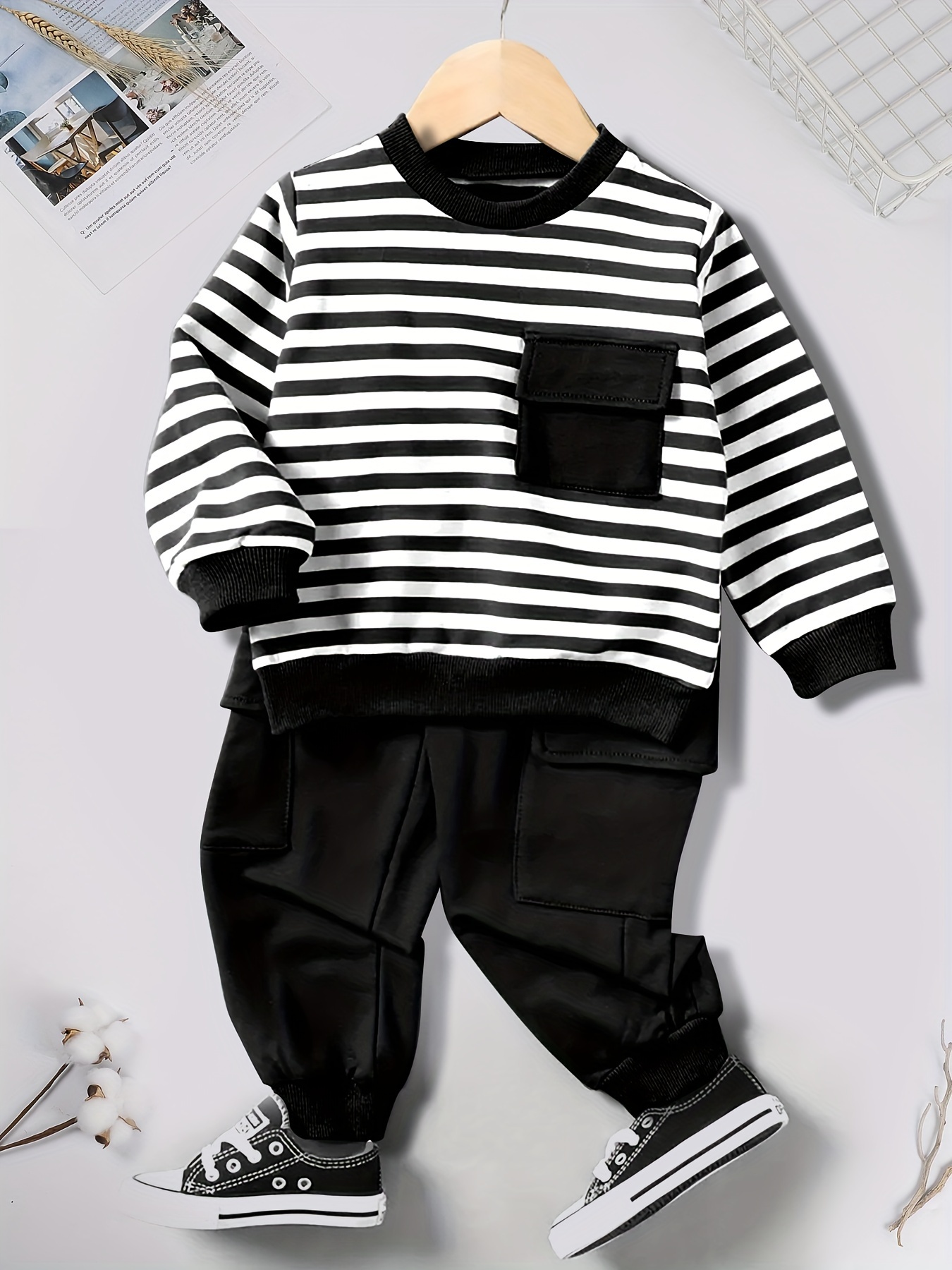 Boy's Vintage Style Outfit 2pcs, Colorful Stripe Shirt & Cargo Pants Set,  Kid's Clothes For Spring Fall Vacation