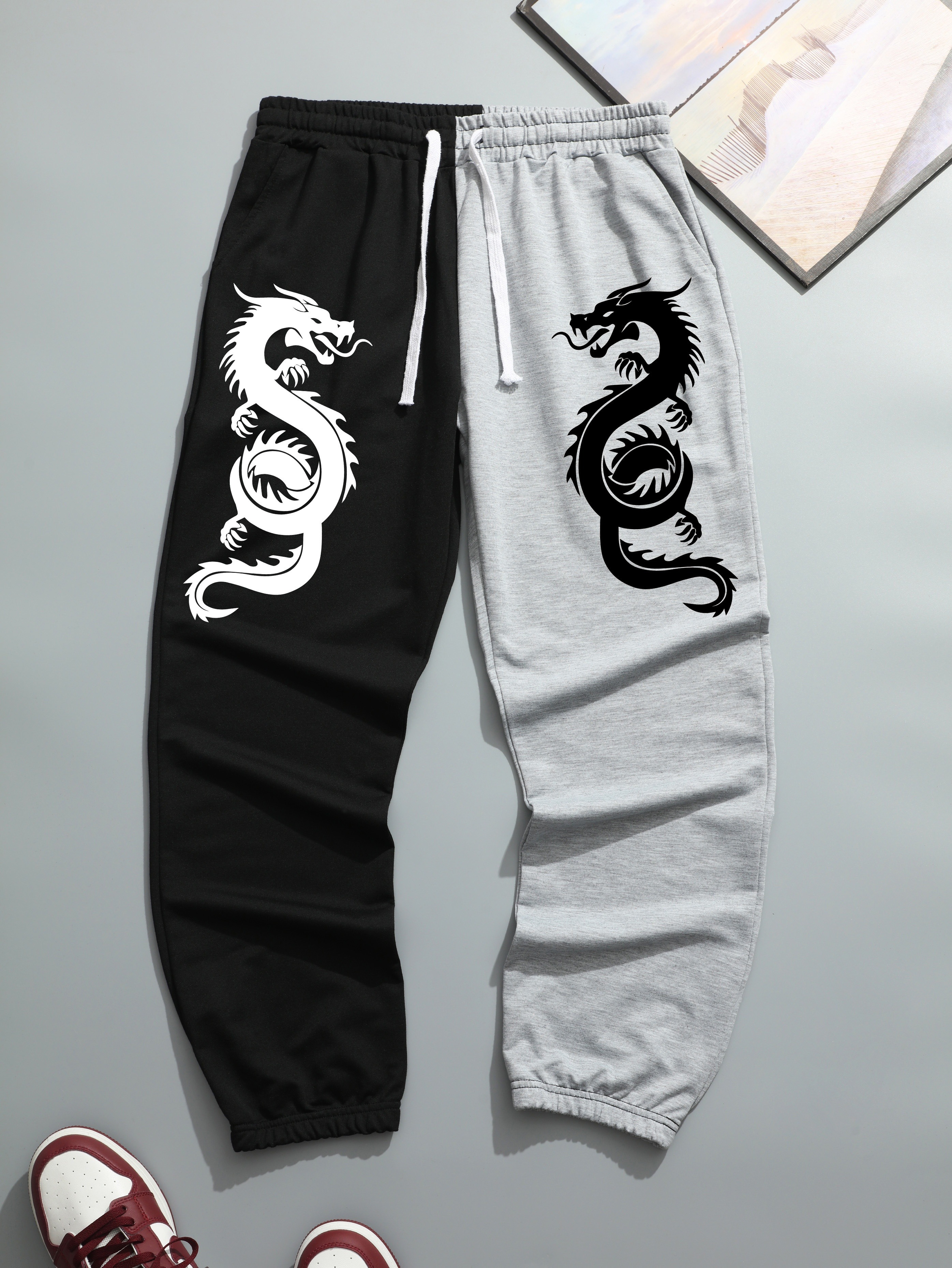 Dragons Print, Men&#39;s Two Color Splicing Drawstring Sweatpants, Pocket Breathable Casual Jogger Pants, Mens Clothing