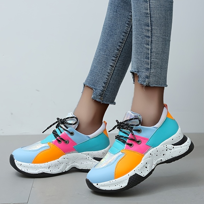 Women's Holographic Colorblock Chunky Heel Sneakers, Fashion Lace Up Sports  Shoes, Casual Low Top Walking Sneakers