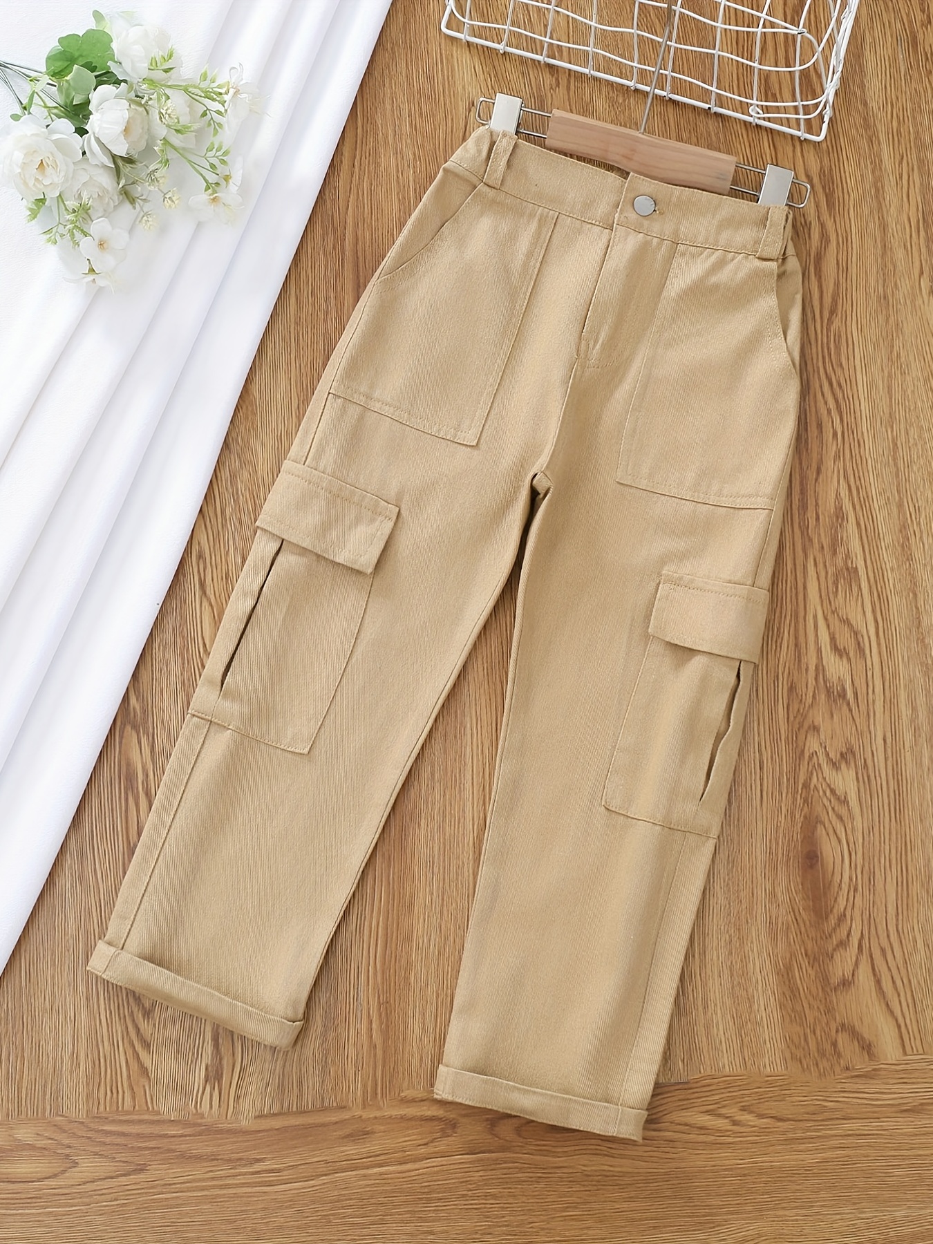 Teens Kid Girl Solid Cargo Pants Comfy Cotton Functional - Temu