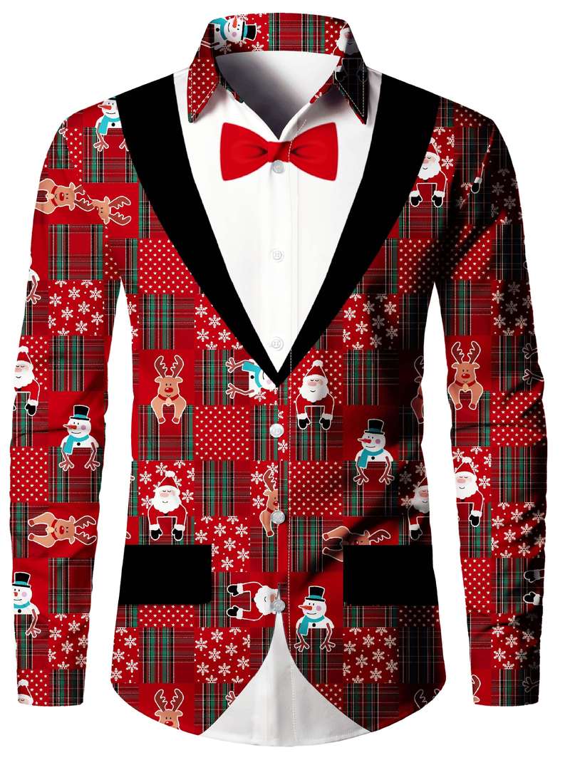 Chemise Homme Noël Manches Longues Slim Fit - Père Noël 3D Imprimé - Tissu Doux Et Respirant Pour Fêtes