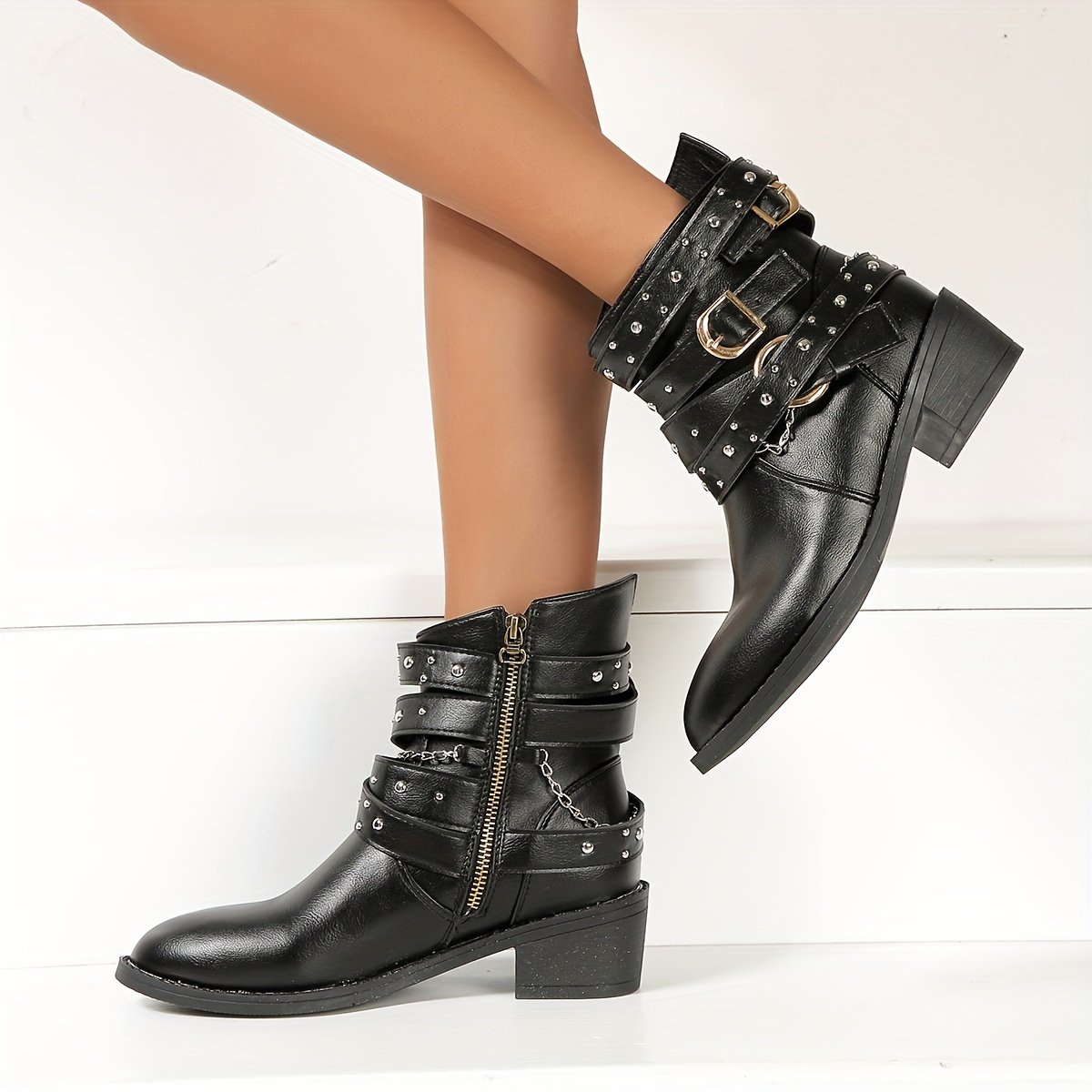 womens punk style short boots studded strap chain Temu New Zealand
