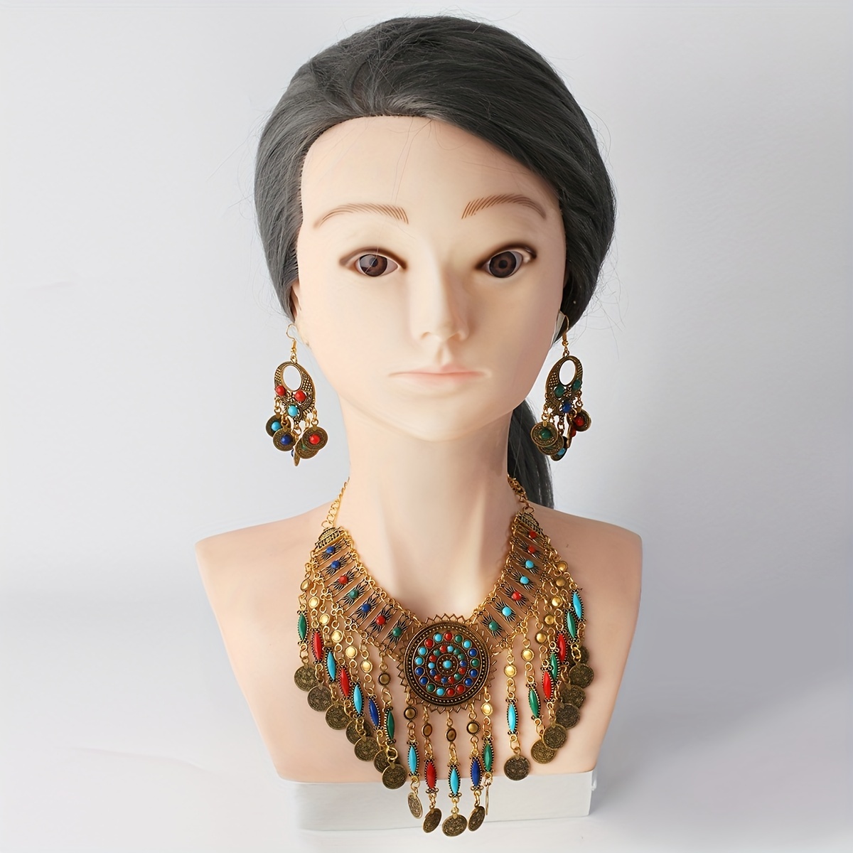 

Bohemian Vintage Gemstone Random Color Mixed Color Necklace & Earrings Set