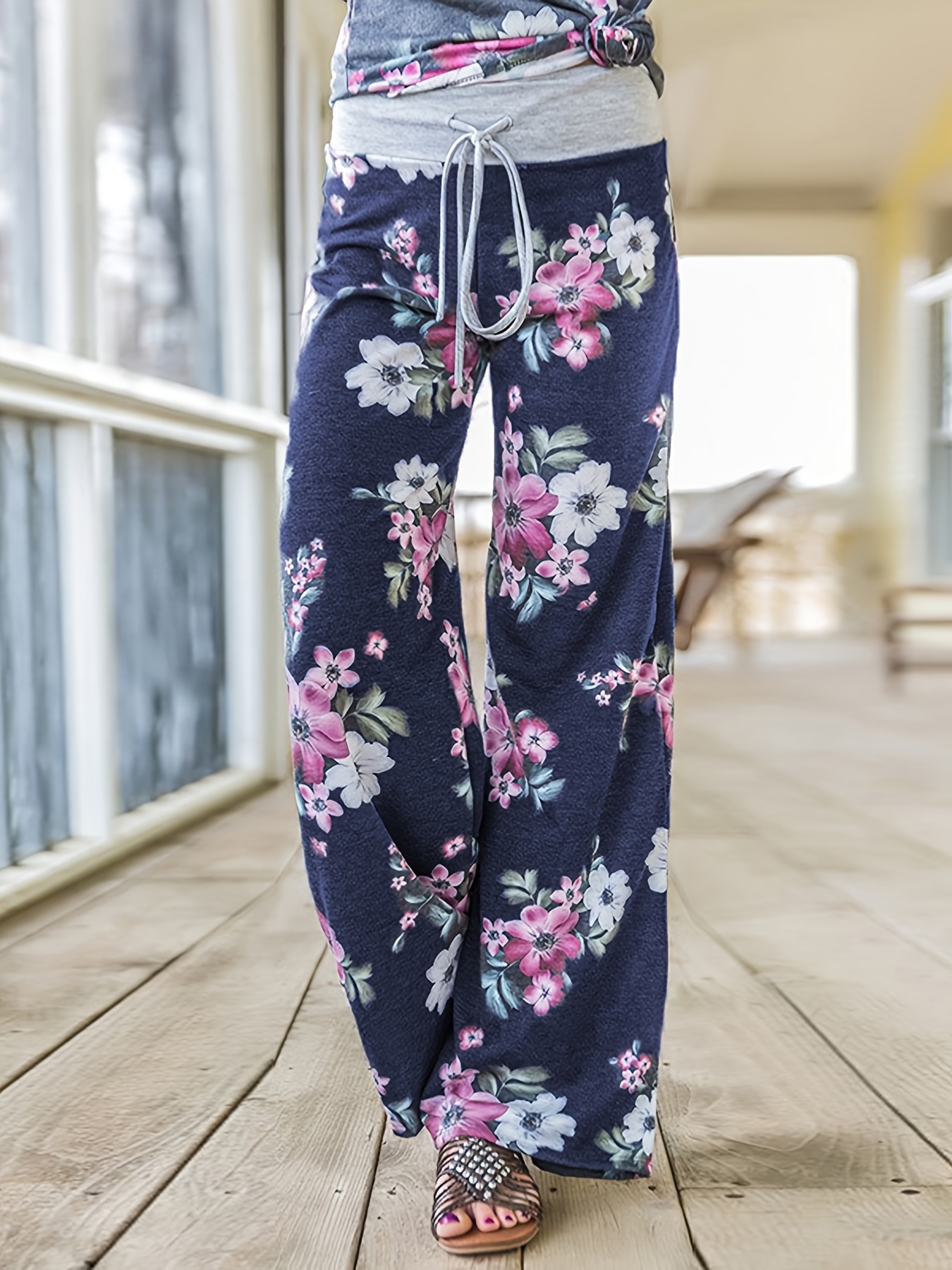 Floral Print Waist Wide Leg Pants Casual Beach Loose - Temu