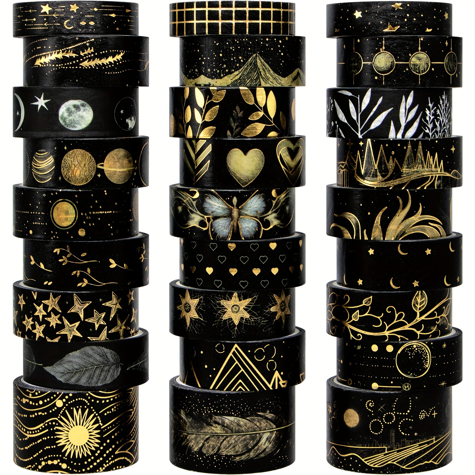 

27 Rolls Black Washi Tape Set, Black Golden Foil Decorative Masking Tape For Bullet Journaling, Scrapbooking Supplies, Watercolor Painting