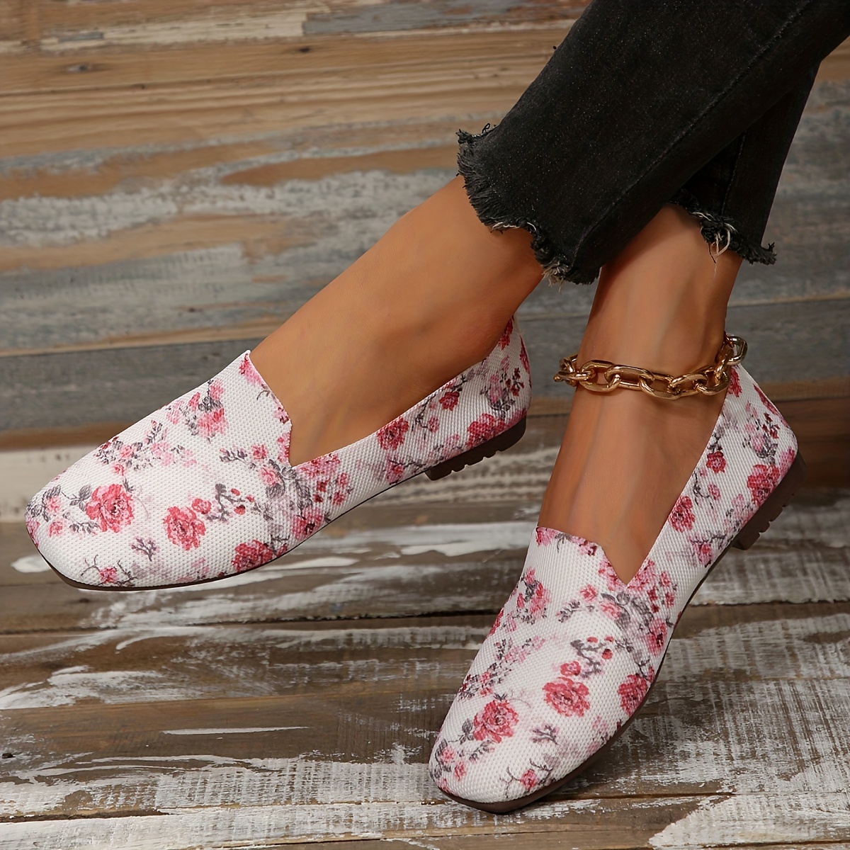 Floral Print Flat Shoes Square Toe Breathable Knit Lightweight Walking Shoes