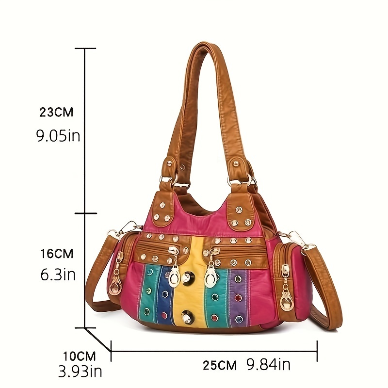 pu color stitching shoulder bag rivets decor hobo bag all match pu leather purse for women details 1