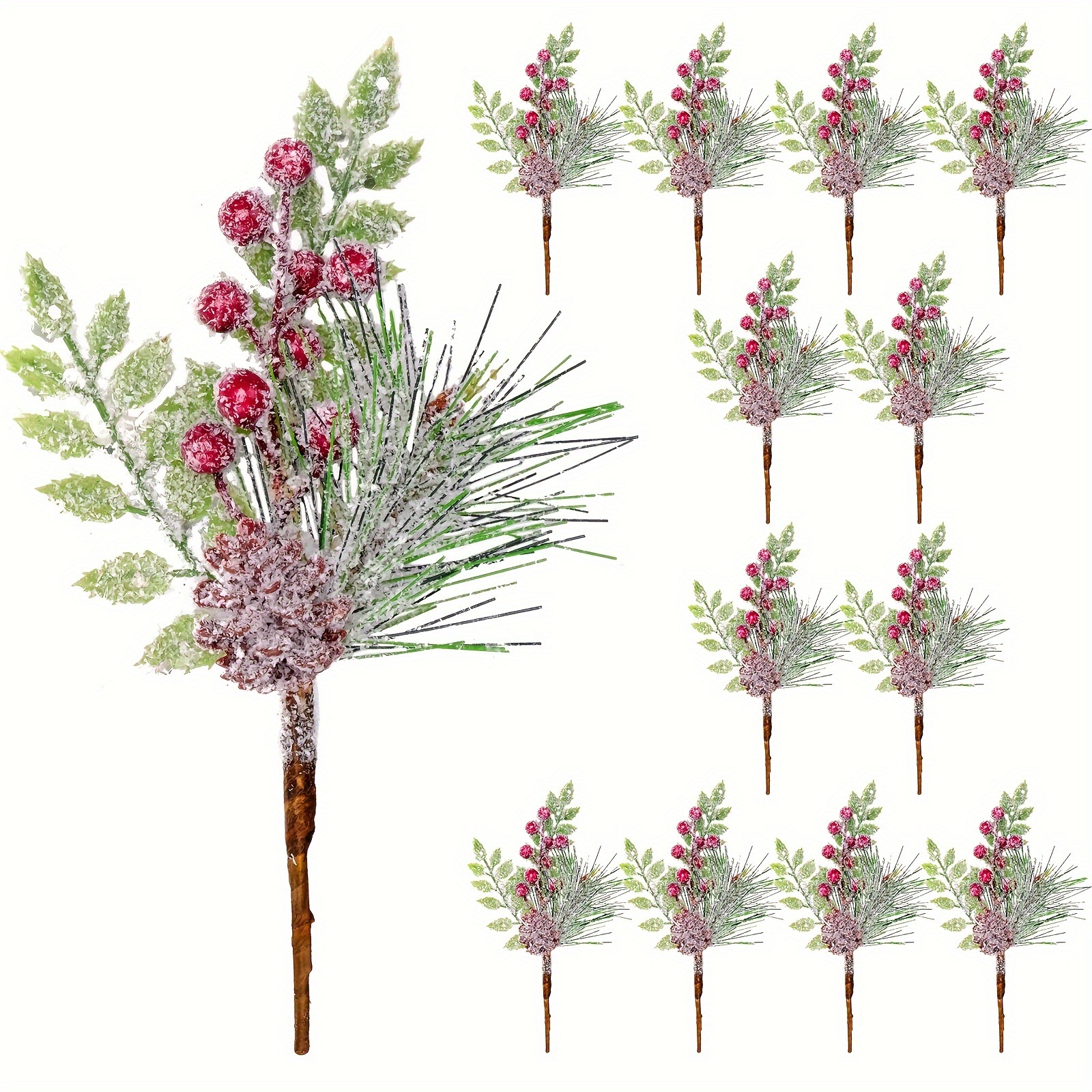 Snowy Artificial Pine, Red Berry 20 Stem, Faux Christmas Greenery-Holiday  Home Decor