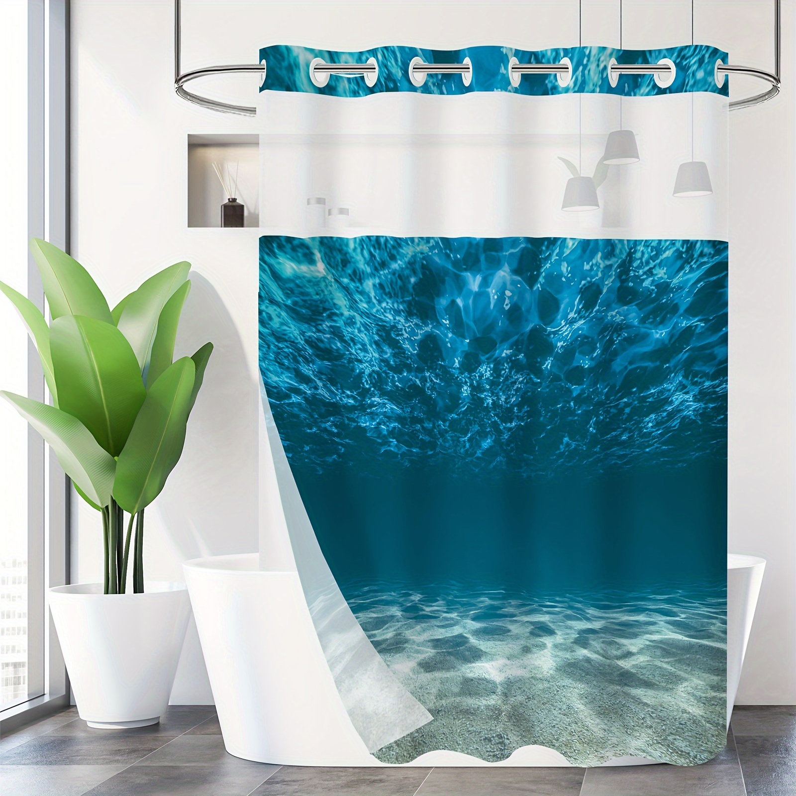 Ocean Printed Shower Curtain No Hook Needed Shower Curtain - Temu