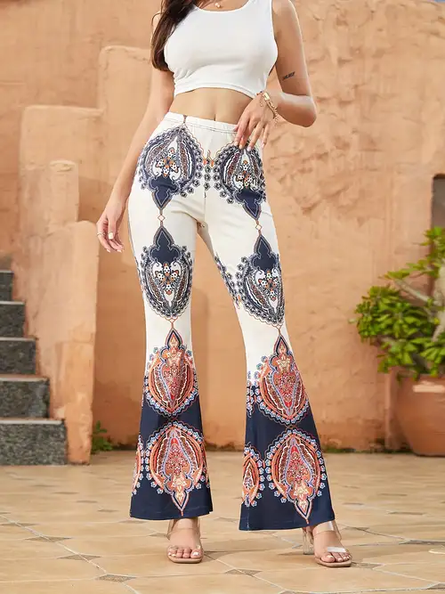 Geo Print Flare Leg Pants Boho Forbidden Pants Spring Summer - Temu