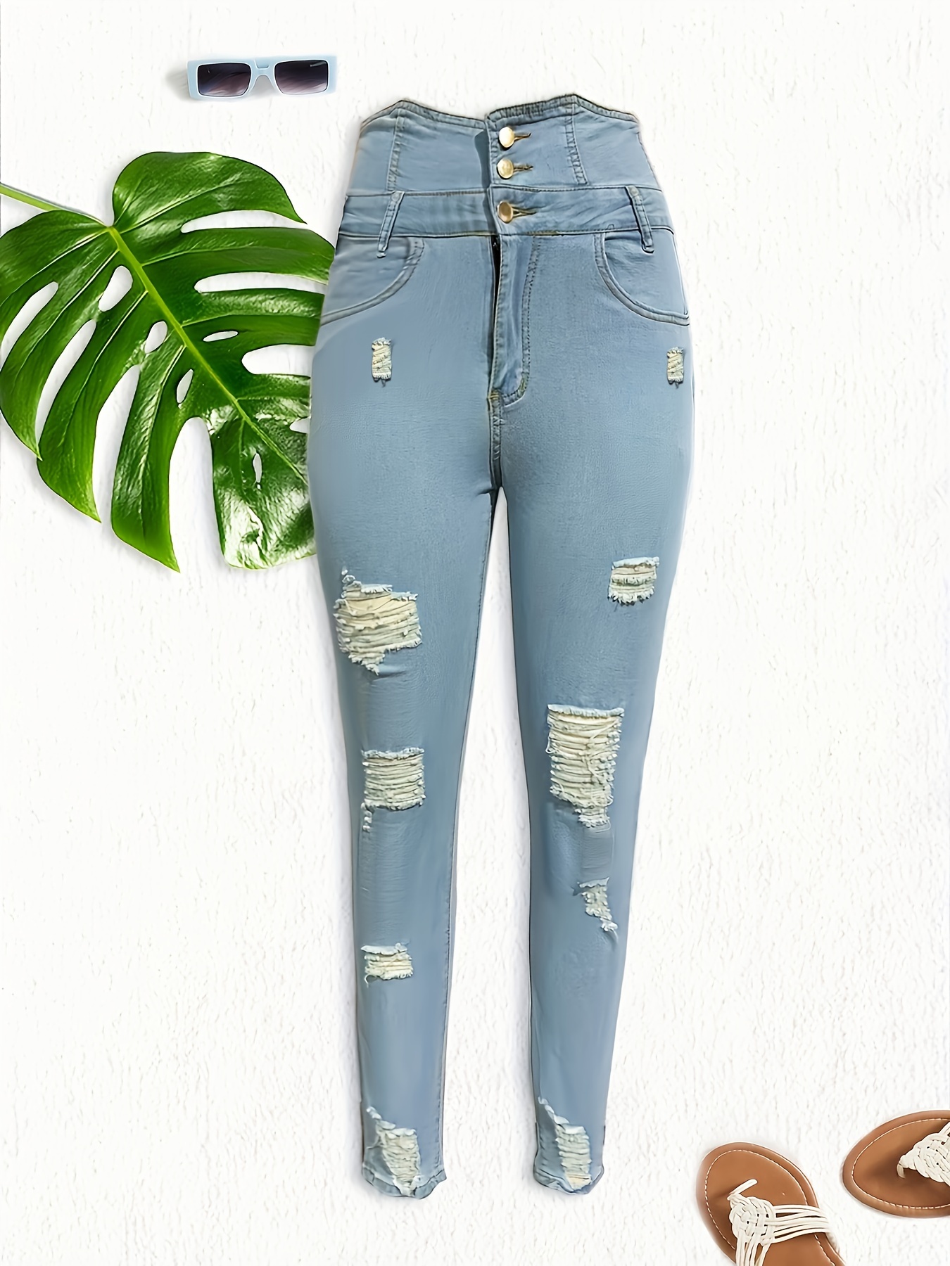 ripped holes casual skinny jeans, slash pockets distressed single-breasted button high waist denim pants, women's denim jeans & clothing light blue 3