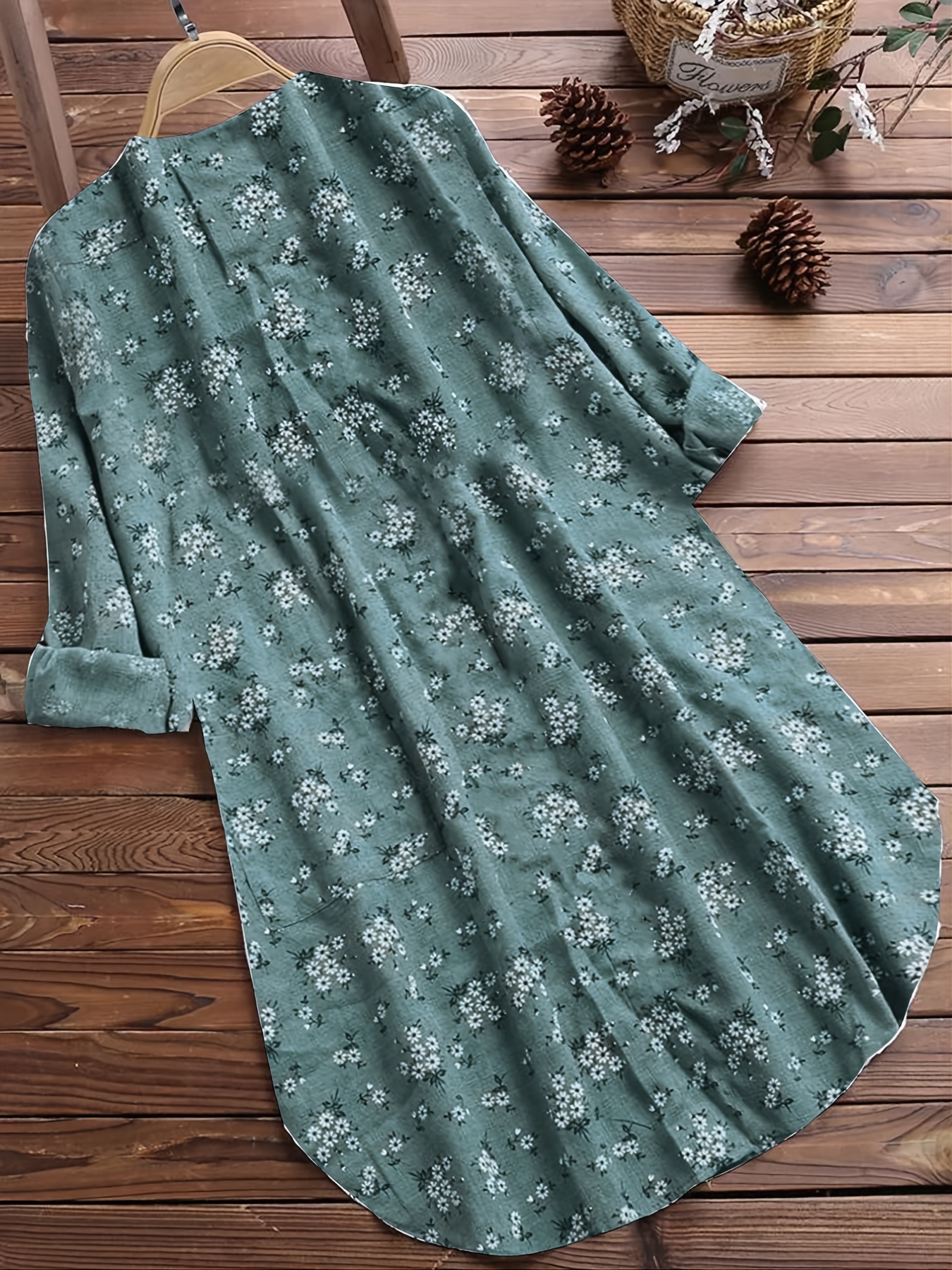 Ditsy Floral Print Button Front Midi Dress with Pocket