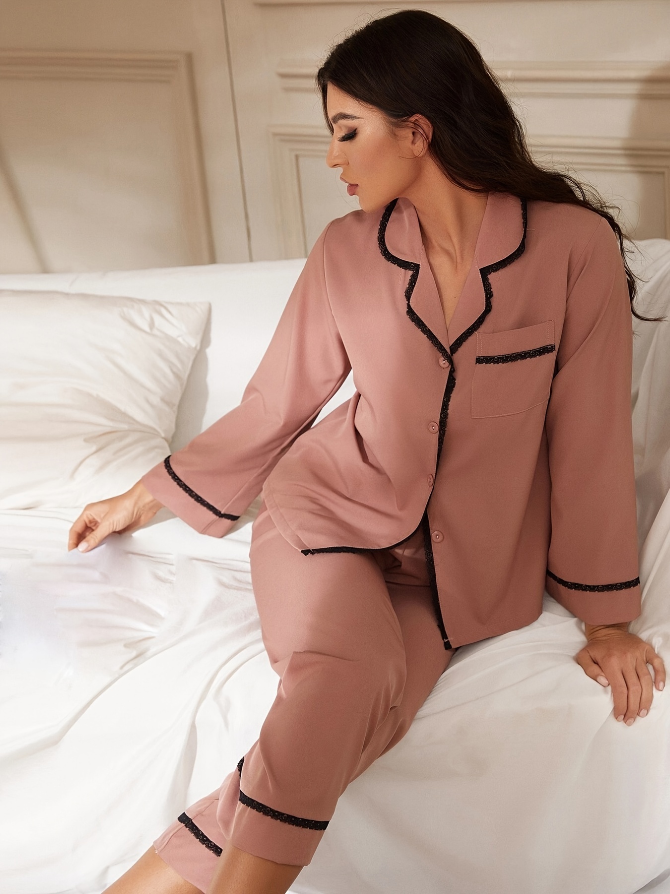 Solid Pajama Set, Long Sleeve Button Up Lapel Top & Pants Pj Set, Women's  Sleepwear & Loungewear - Temu