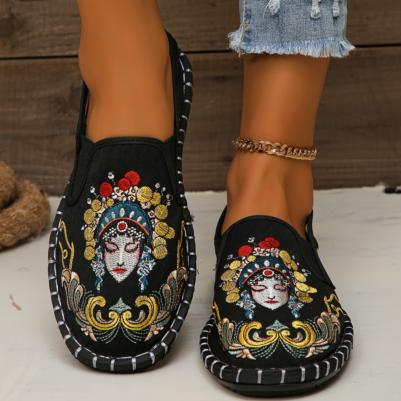 Women's China Peking Opera Embroidered Flats, Casual Breathable Cloth Slip  On Shoes, Lightweight Low Top Flats