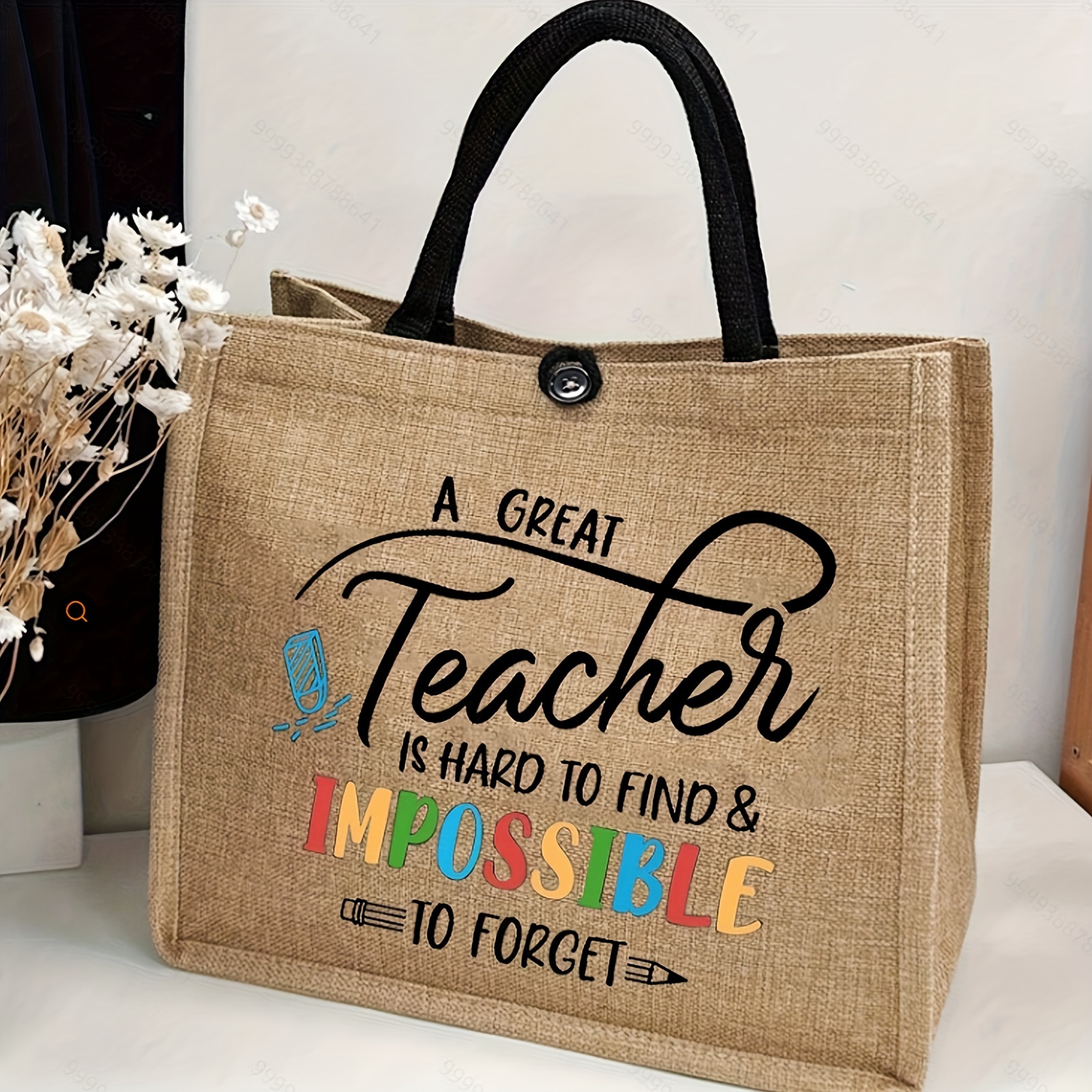 TEMU Simple Letter Print Linen Tote Bag, And Portable Hand Bag, Teacher's Day Gift, Retro Shopping Bag