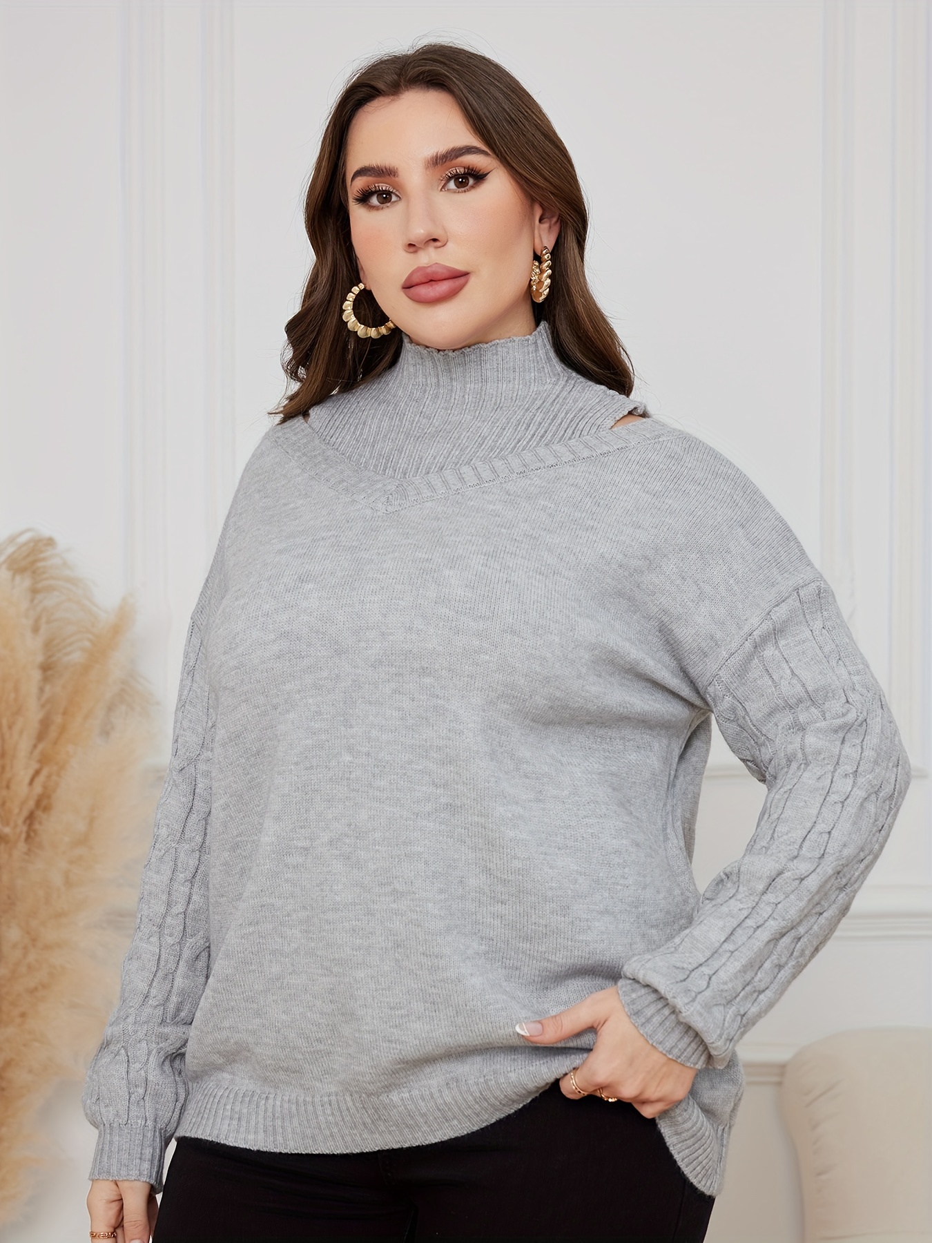 Plus Size Casual Sweater Mujer Plus Sólido Cable Manga Larga - Temu Chile