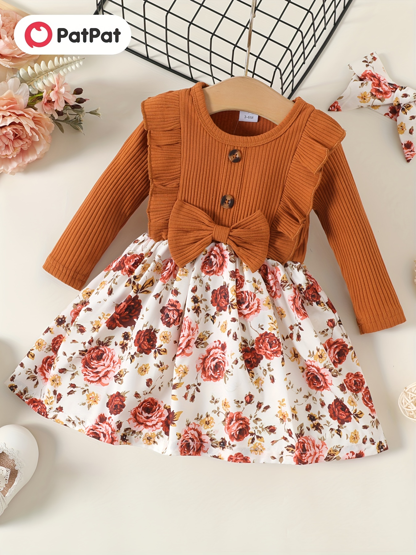 Baby Girl Ribbed Spliced Floral Print Cami Dress - Temu
