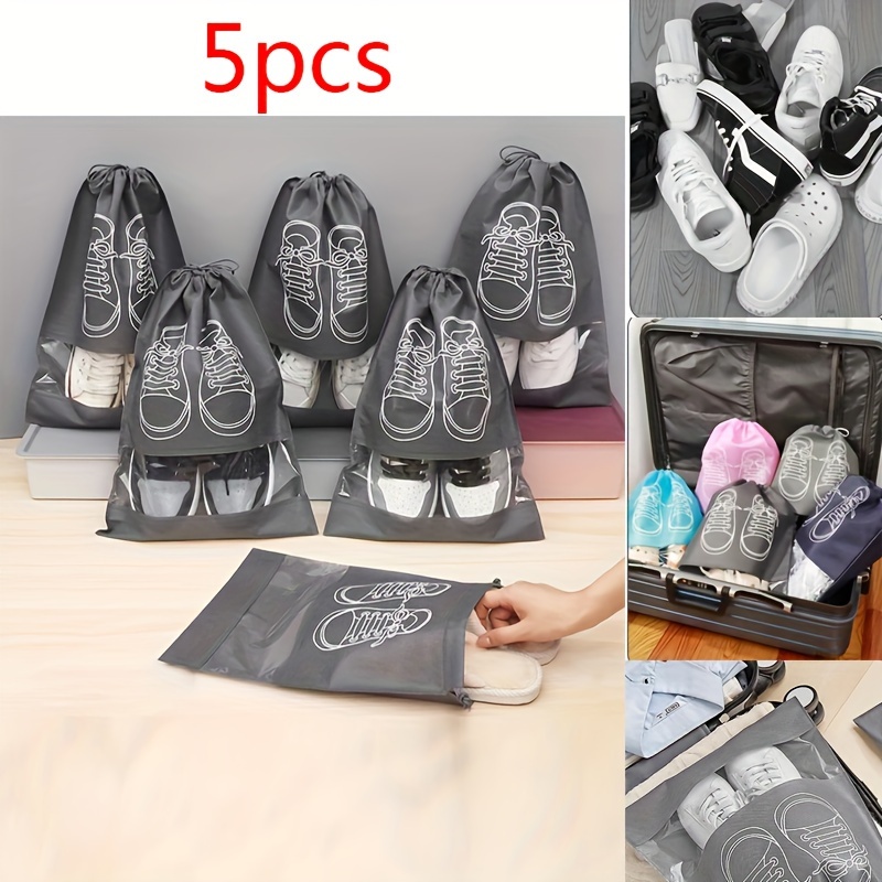 

5pcs/set Portable Shoe Drawstring Storage Bag, Non-woven Fabric Shoe Bag For Packing, Dust Proof Shoe Packing Bag, Household Storage Organization For Bedroom, Bathroom, Travel, Suitcase