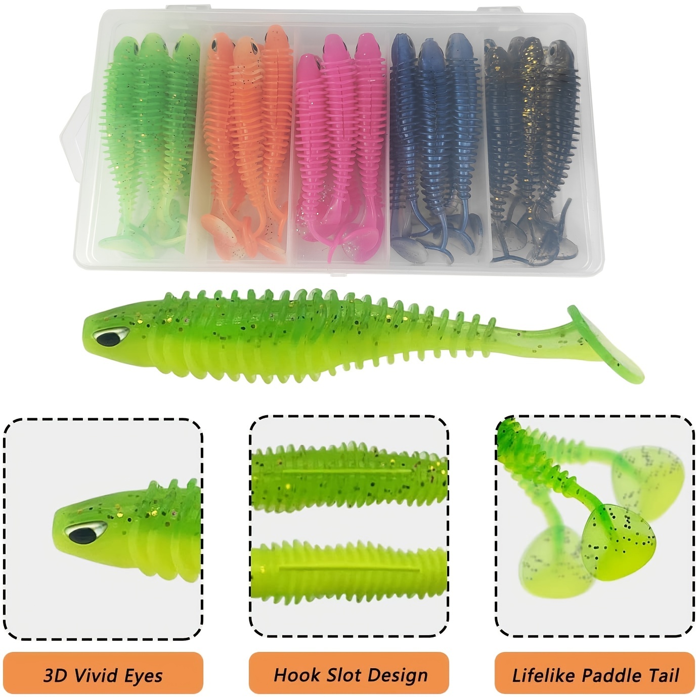 30/40pcs 2.56in/3.15in Artificial Plastic Soft Fishing Lures, 6.5cm/8cm  Bionic Paddle Tail Ribbed Swimbaits Lure For Bass Trout Walleye Crappie