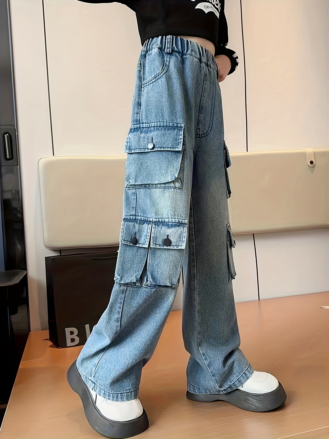 Boys Girls Shiny Cargo Pants Street Style Elastic Belt Multi - Temu