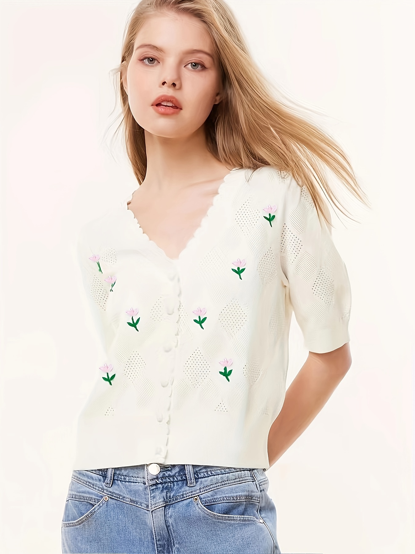 Floral Pattern Button Knit Cardigan Cute V Neck Long Sleeve - Temu