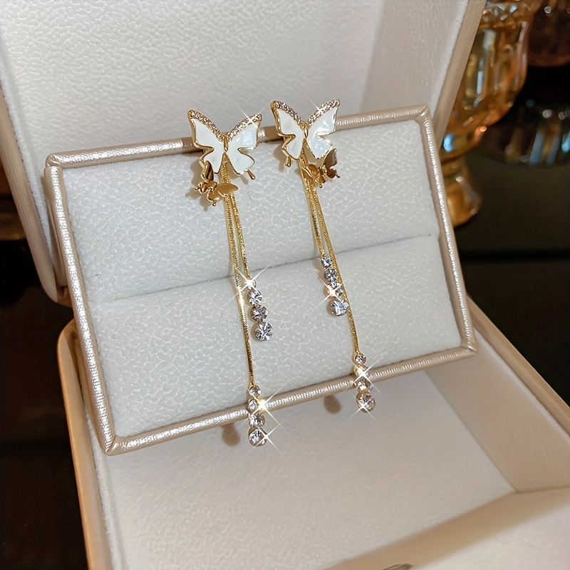 Butterfly Dangle Earrings with Zircon, 14K Plated