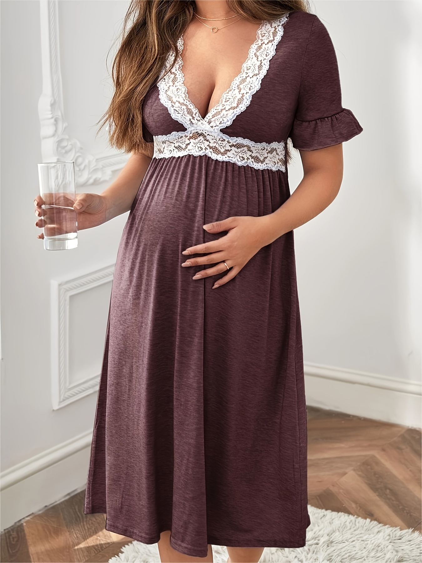 Women's Maternity Lace Nightdress Sexy Mature V-neck Short Sleeve  Nightdress, Pregnant Women's Clothing