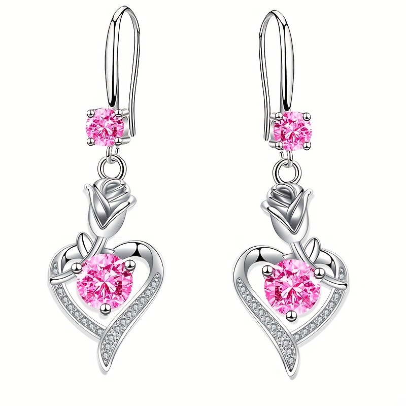 E-shop 1 Paar silberfarbene Herz-Ohrringe mit Anhänger für Hochzeit, romantischer Ohrschmuck für Damen, mit brillantem Rundschliff, weißem, rosa,