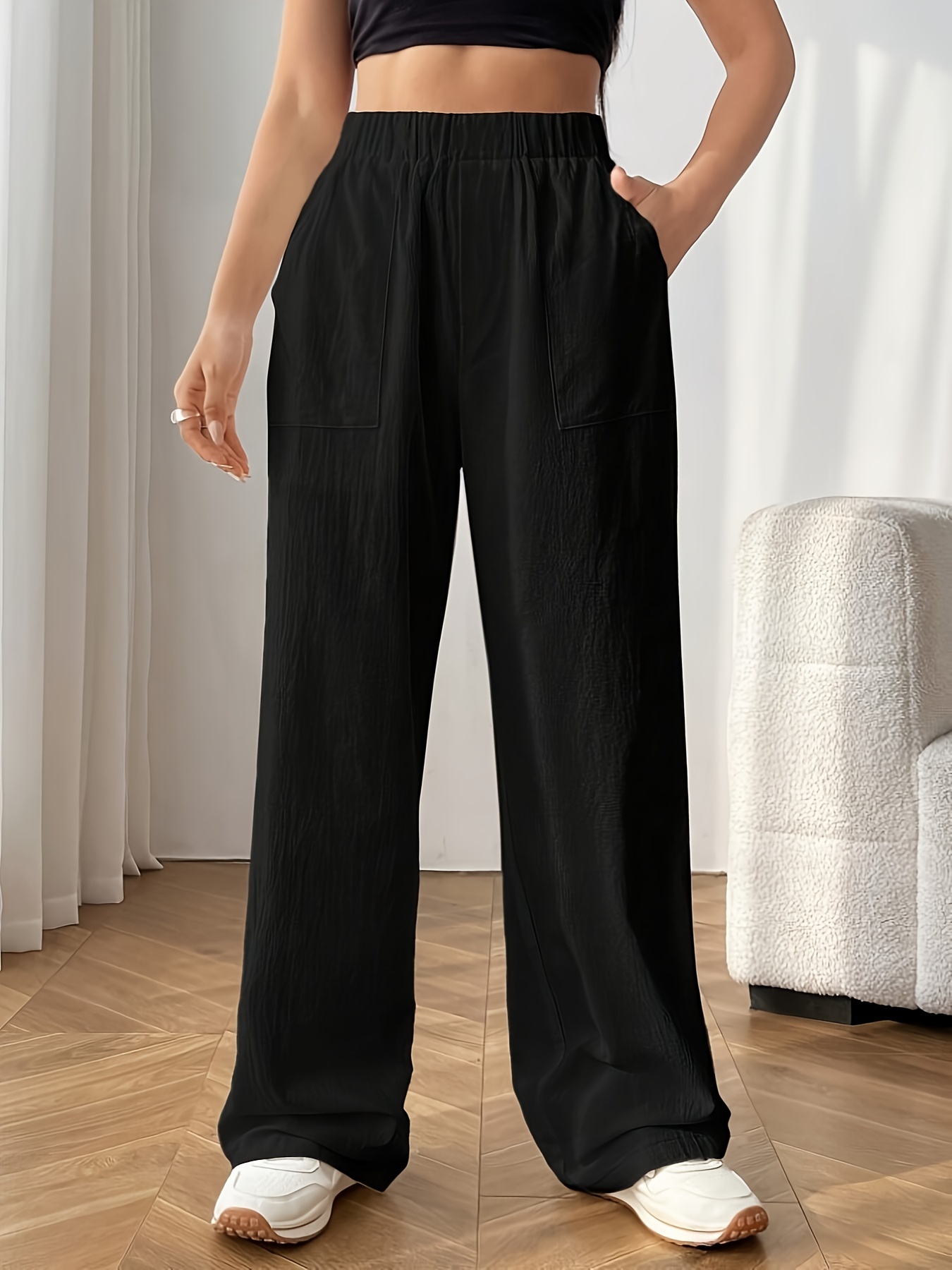 Solid Color Flowy Pocket Sweatpants Women Elastic Waist - Temu