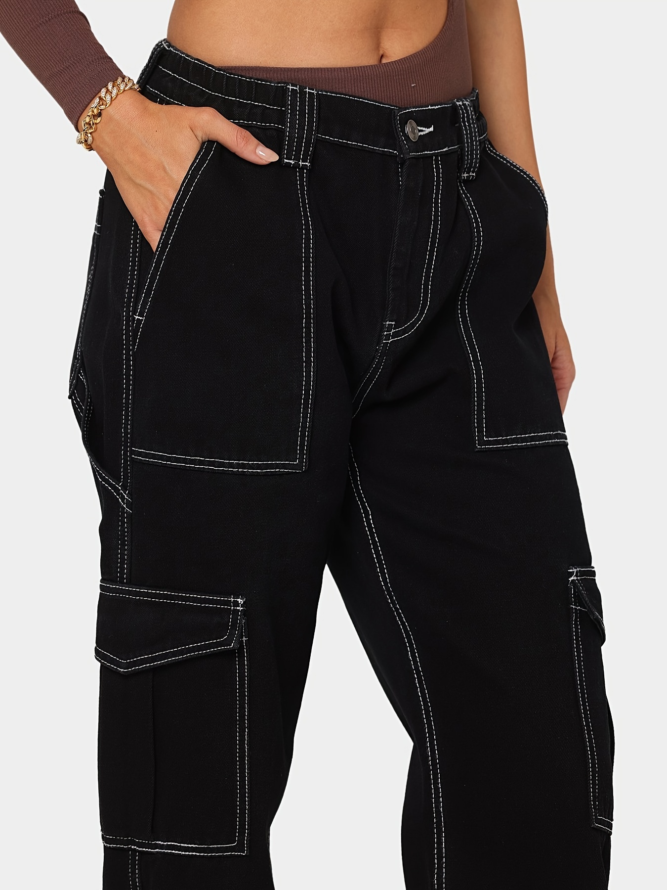 Black High Waist Flap Pockets Cargo Jeans Casual Loose Wide - Temu Canada