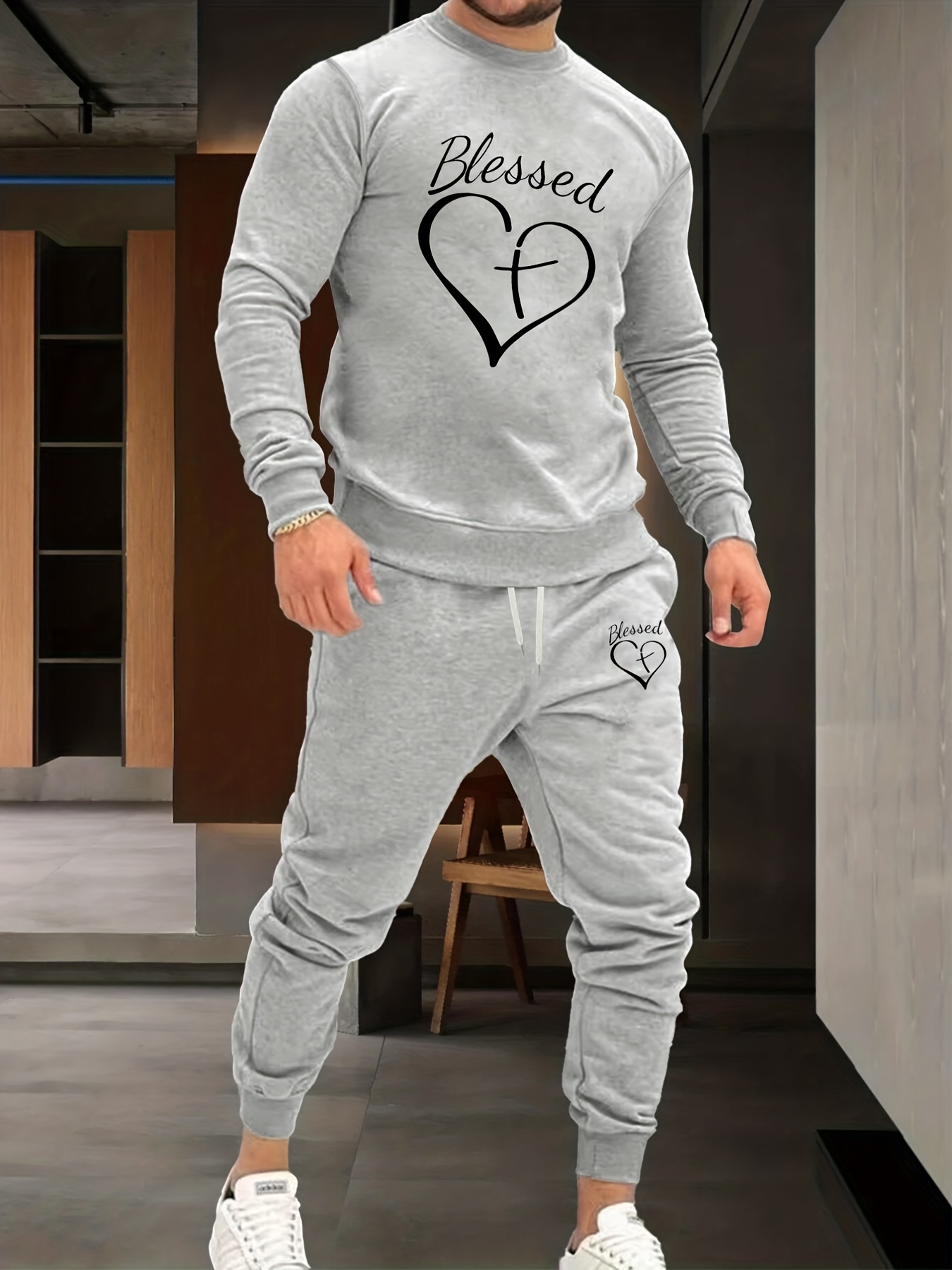 Love Heart Print Men's Outfits Casual Crew Neck Long Sleeve - Temu