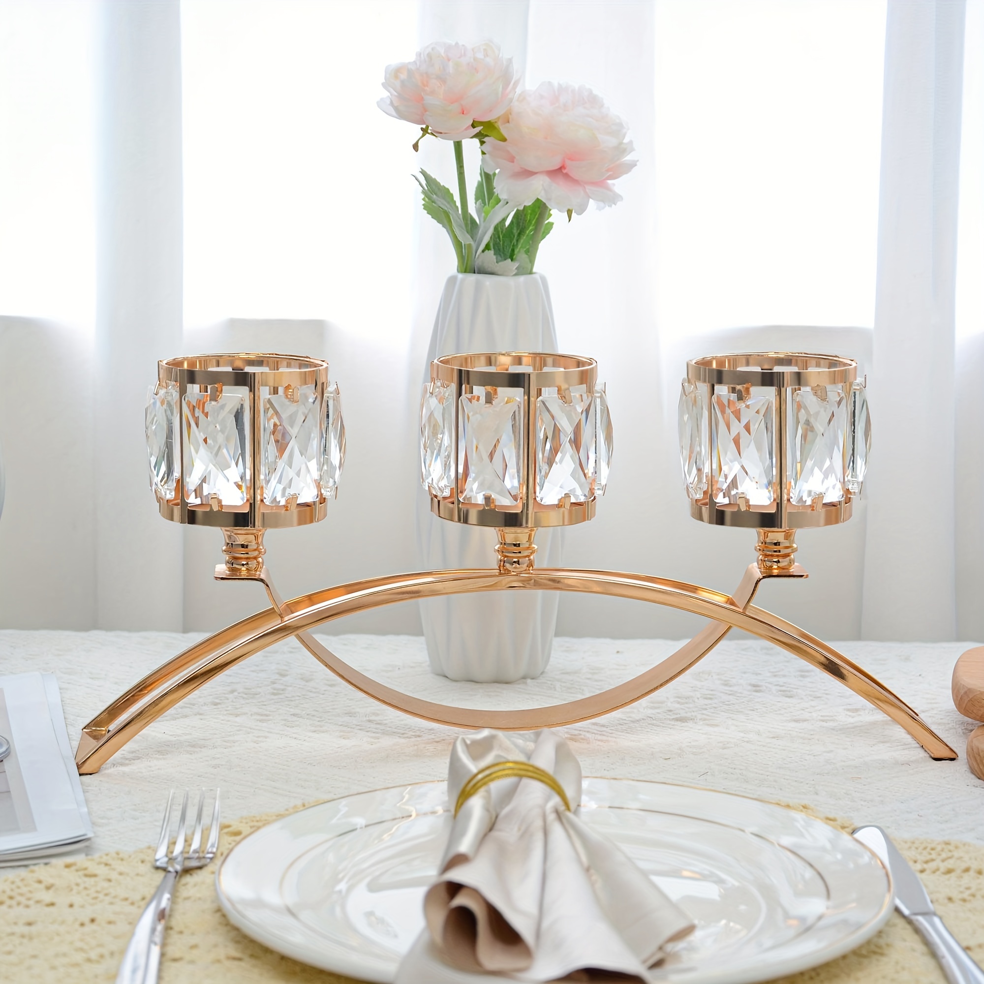 Candelabros decorativos de cristal dorado de 3 brazos, centro de mesa,  centro de mesa, decoración para mesa de comedor, decoración del hogar,  boda